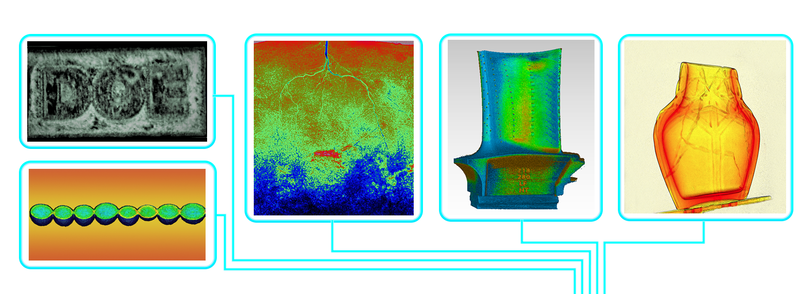 Actual data images illustrate distinctions between heavy elements used in nuclear fuels (left), varying crystalline orientations in additively manufactured materials (D-O-E), hydrogen transport in plant and biological systems, identifying internal defects