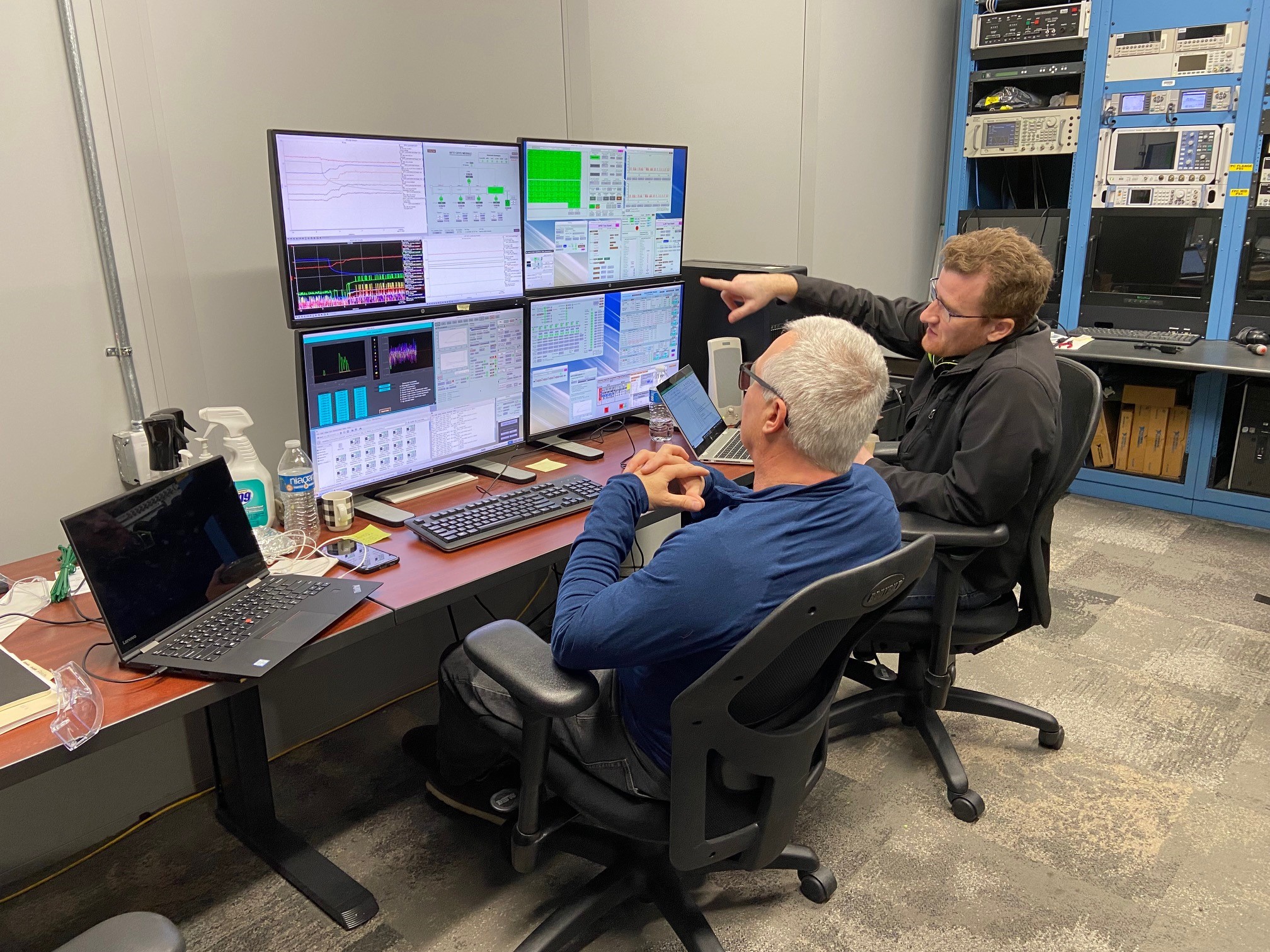 John Mammosser (left) and Marc Doleans supervised the testing of PPU cryomodule #1. Credit: ORNL/Mark Champion