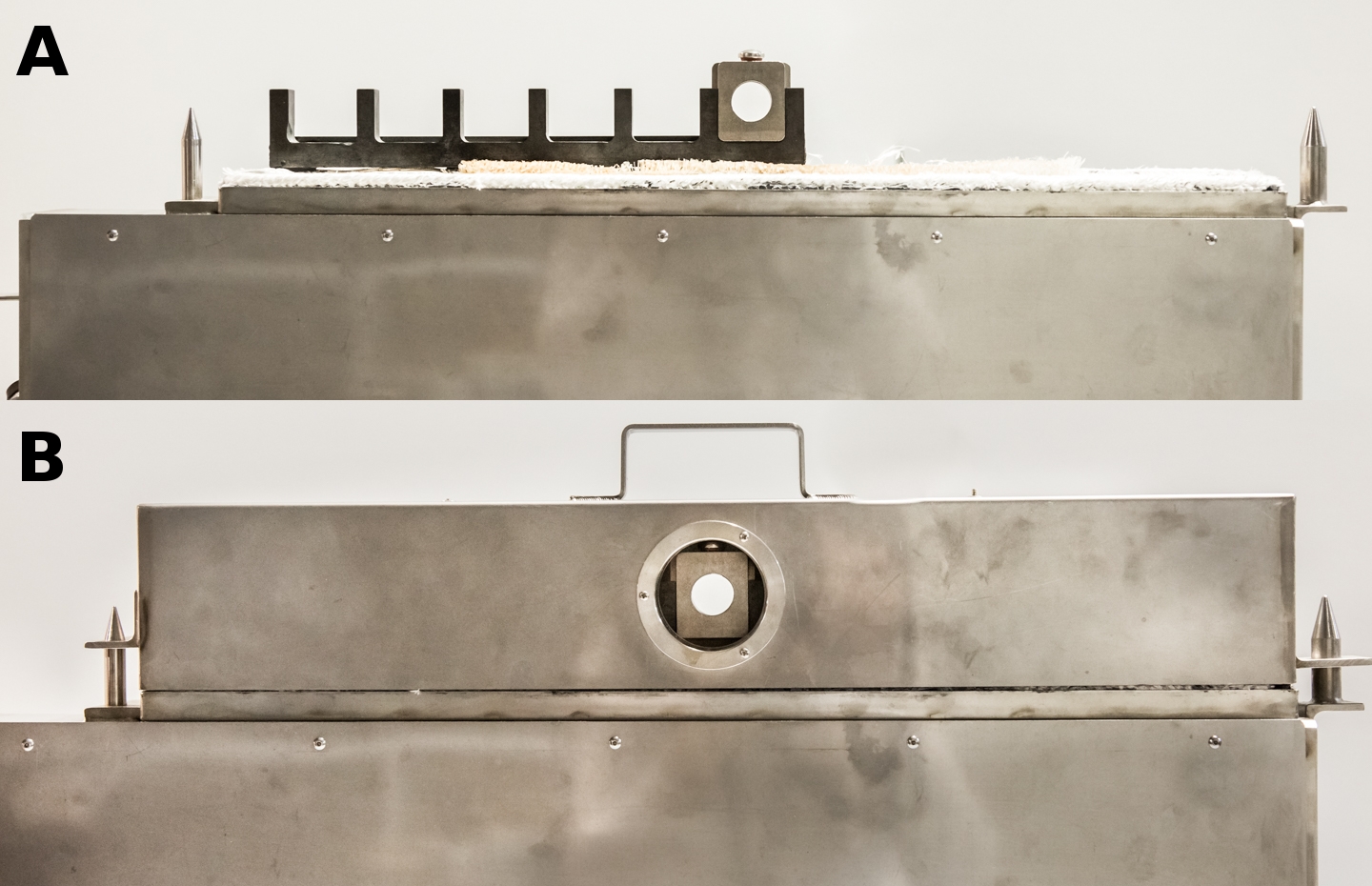 330 °C furnace. Ti sample cell in a sample position (A)without the lid (B) with the lid